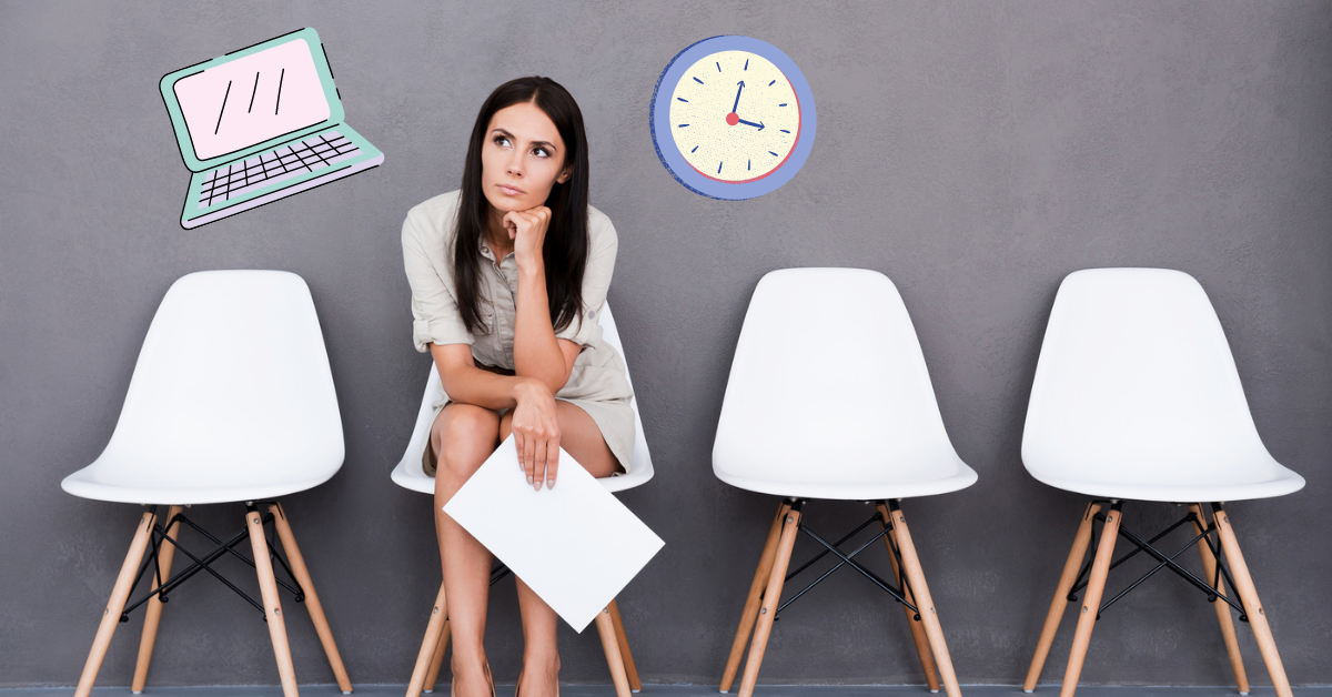 concept of how long does it take to build a website. girl sitting in chair with clock and computer above her head.